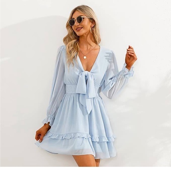Blue long sleeve ruffle dress XXL flounce and front tie bow womens - Picture 1 of 10
